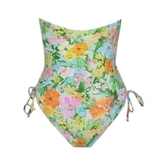 Cupshe Women’s One Piece Strapless Swimsuit Medium Floral Print Side Tie Halter - Picture 5 of 7